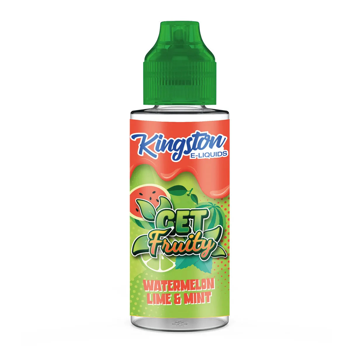 Kingston E-Liquids bottle labeled 'Get Fruity' with watermelon, lime, and mint design on a white background