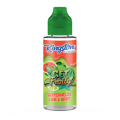 Kingston E-Liquids bottle labeled 'Get Fruity' with watermelon, lime, and mint design on a white background