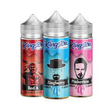 Three Kingston e-liquid bottles with different flavors on a white background