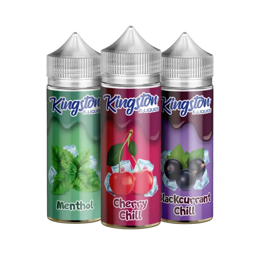 Three bottles of Kingston e-liquid with different flavors on a white background