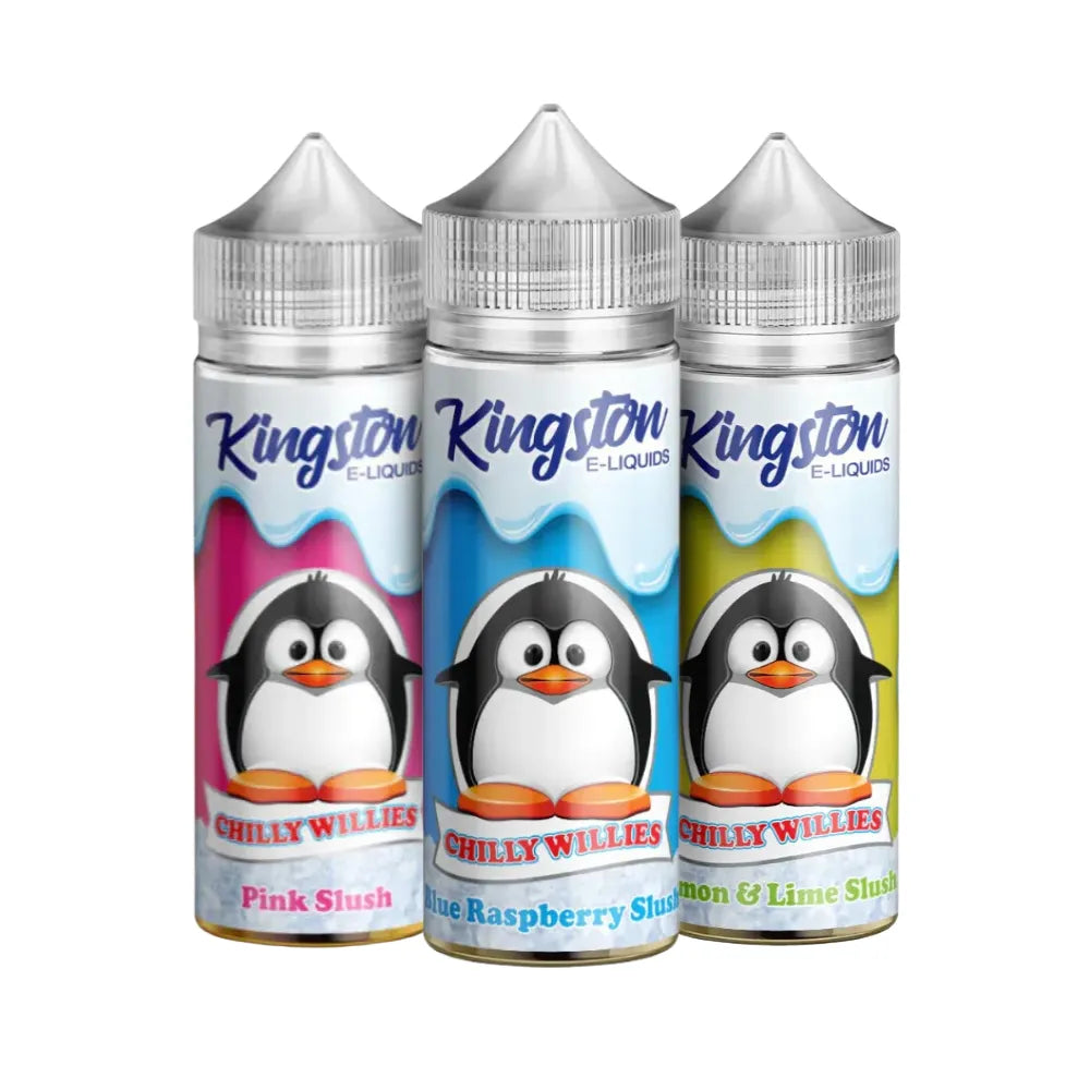 Three bottles of Kingston E-Liquid with penguin illustrations on colorful labels.