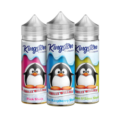Three bottles of Kingston E-Liquid with penguin illustrations on colorful labels.