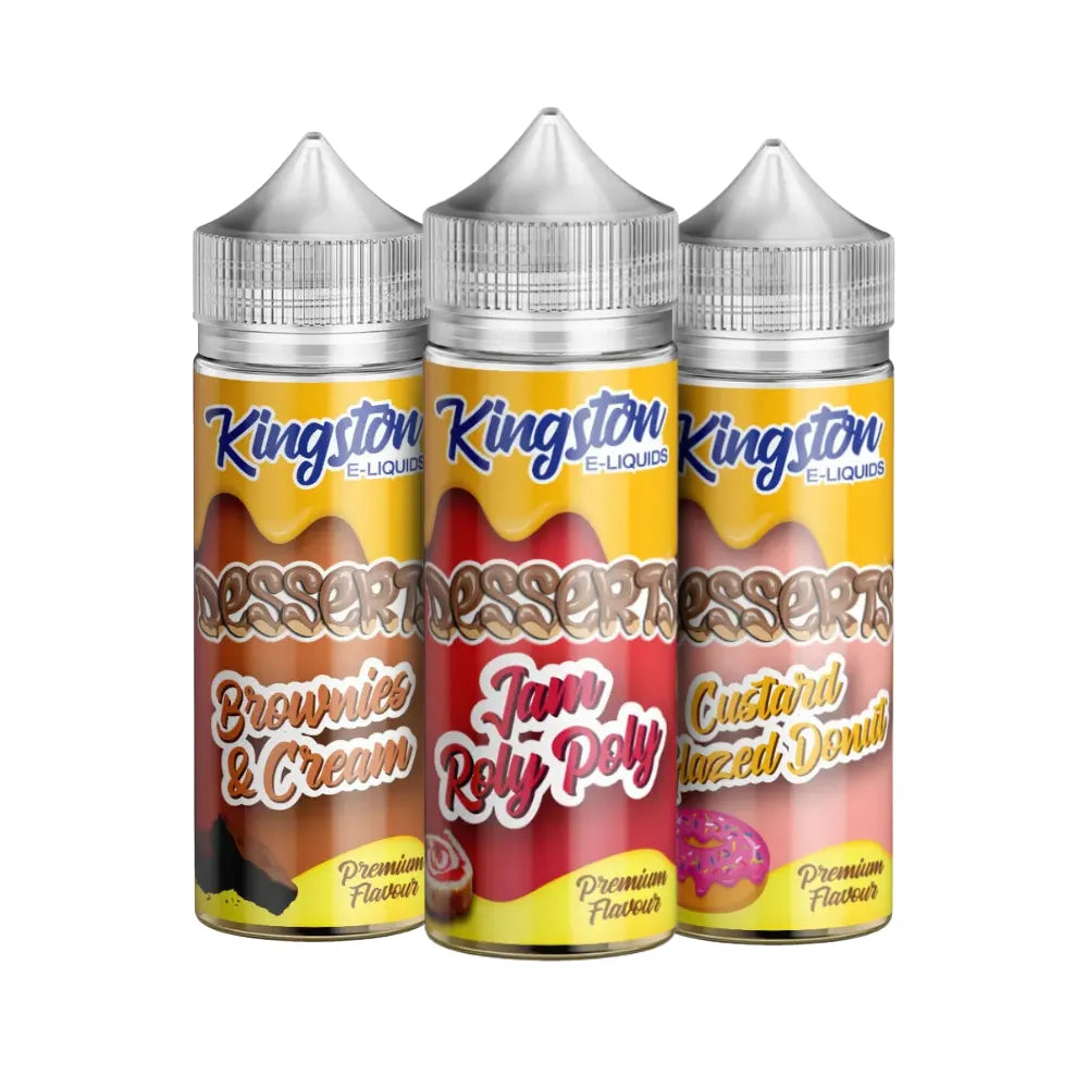 Three bottles of Kingston e-liquid with dessert-themed labels on a white background