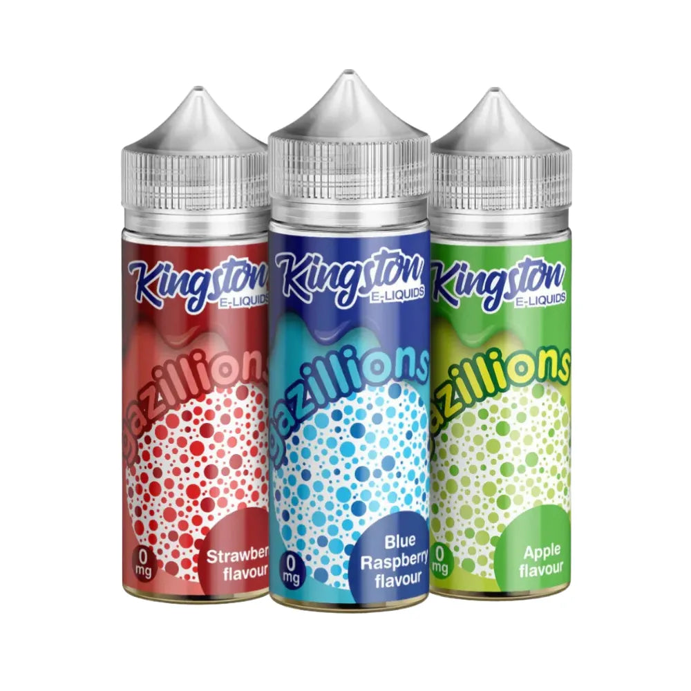 Three Kingston e-liquid bottles with different flavors on a white background