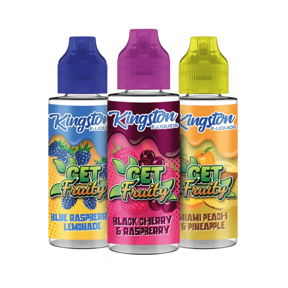Three bottles of Kingston E-Liquids with colorful labels on a white background