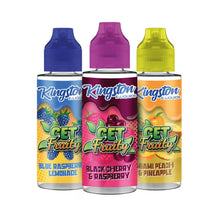 Three bottles of Kingston E-Liquids with colorful labels on a white background