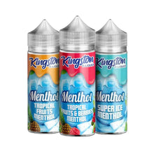 Three bottles of Kingston Menthol e-liquid with different flavors on a white background.