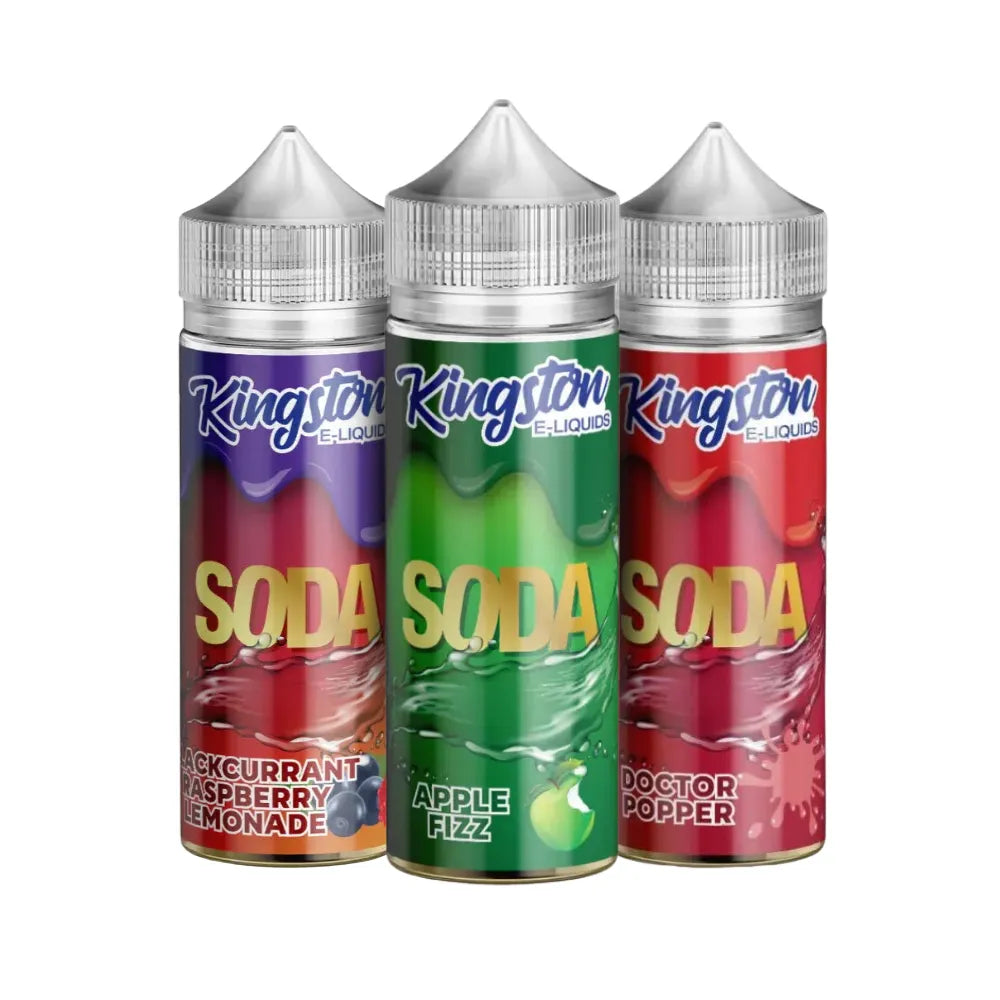 Three Kingston e-liquid bottles in different flavors on a white background