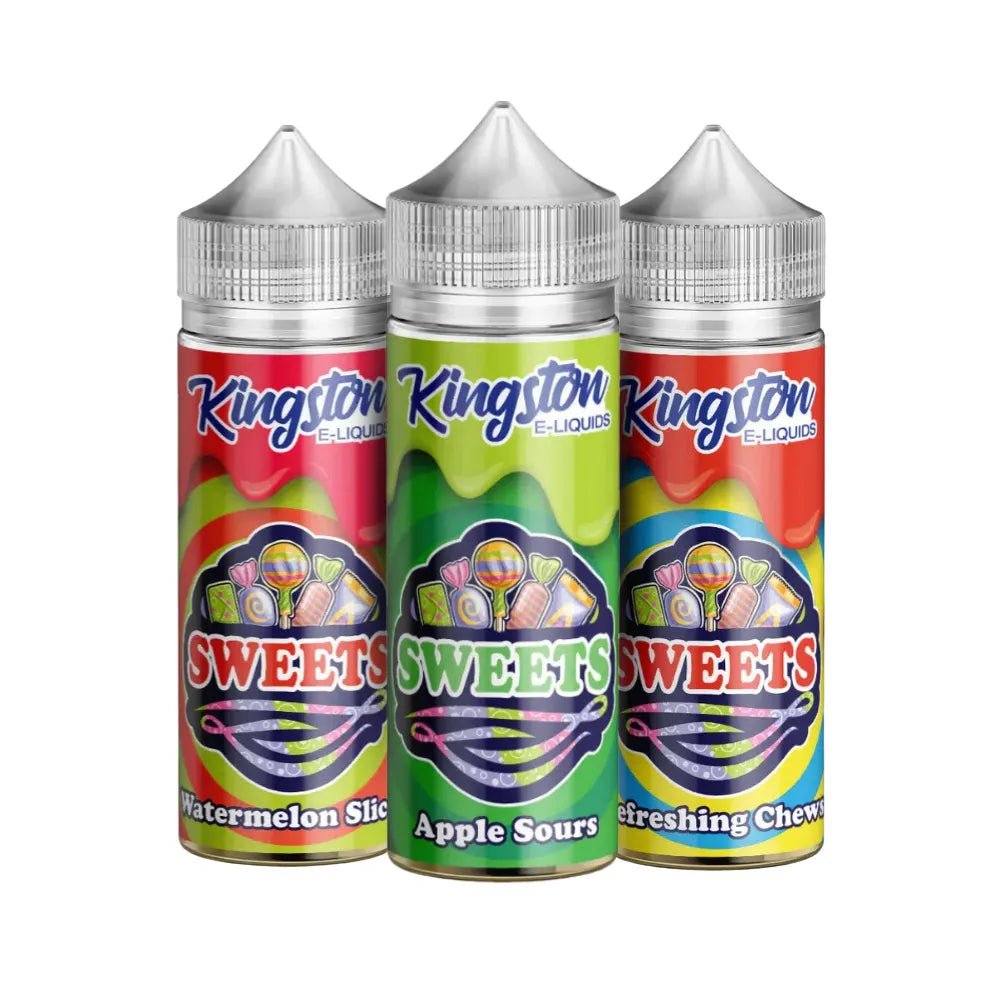 Three bottles of Kingston e-liquid with colorful labels on a white background