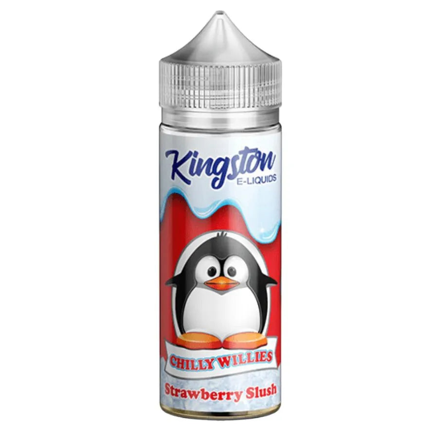 Kingston E-Liquids Chilly Willies Strawberry Slush bottle with a penguin design on a white background
