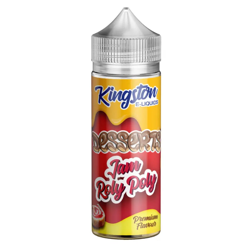Kingston E-Liquids bottle with jam roly poly label on a white background