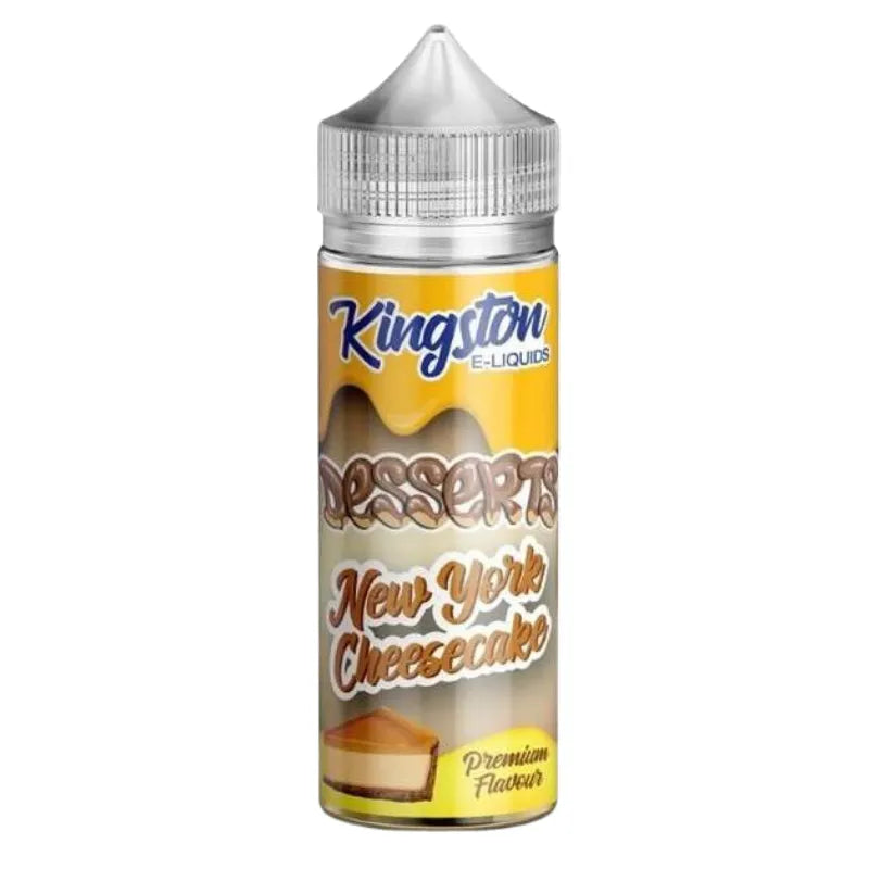 Bottle of Kingston e-liquid with New York Cheesecake flavor on a white background