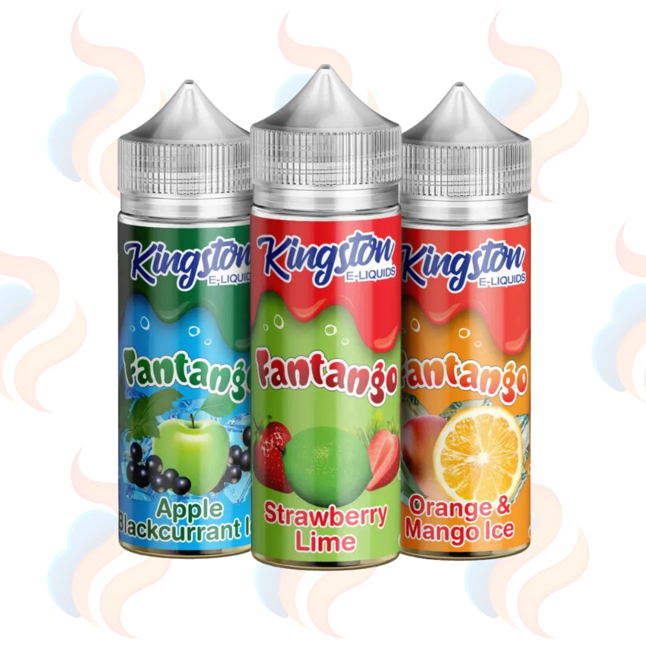 Three Kingston Fantango E-liquids on a white background with UK Vape Supply Logo