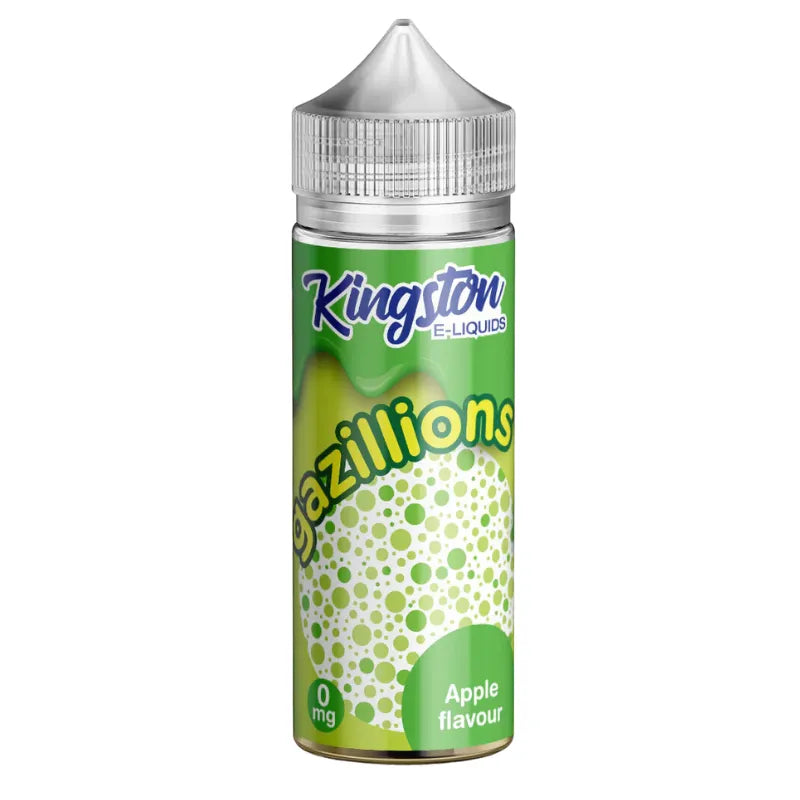 Kingston gazillions apple e-liquids bottle with green label on a white background