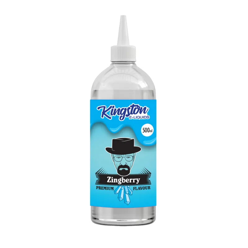 Bottle of Kingston e-liquid with blue label on a white background
