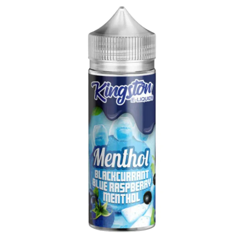 Kingston e-liquid bottle with blackcurrant blue raspberry menthol label on a white background