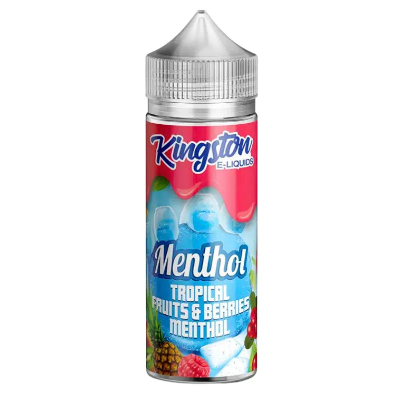 Kingston e-liquid bottle with tropical fruits and berries flavor on a white background