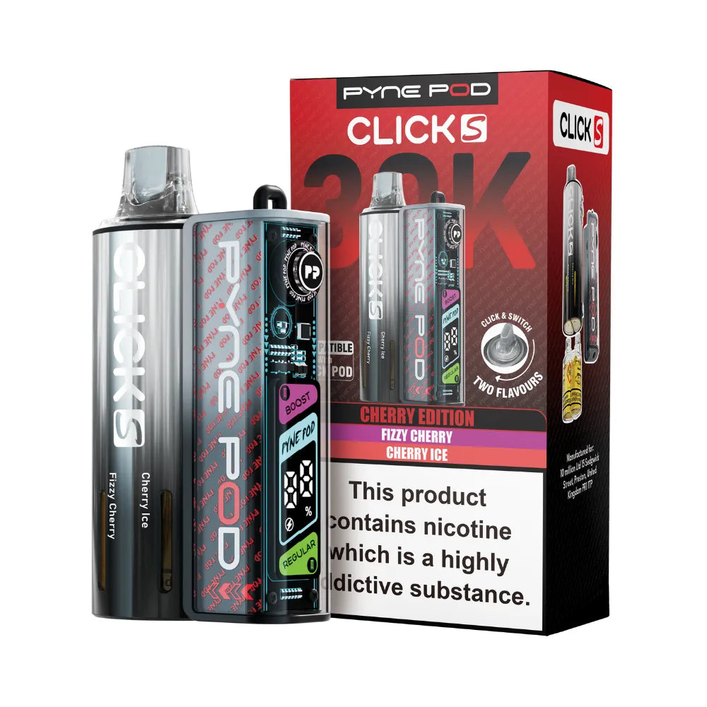 Pyne Pod Click S vape device in Cherry edition with packaging on a white background