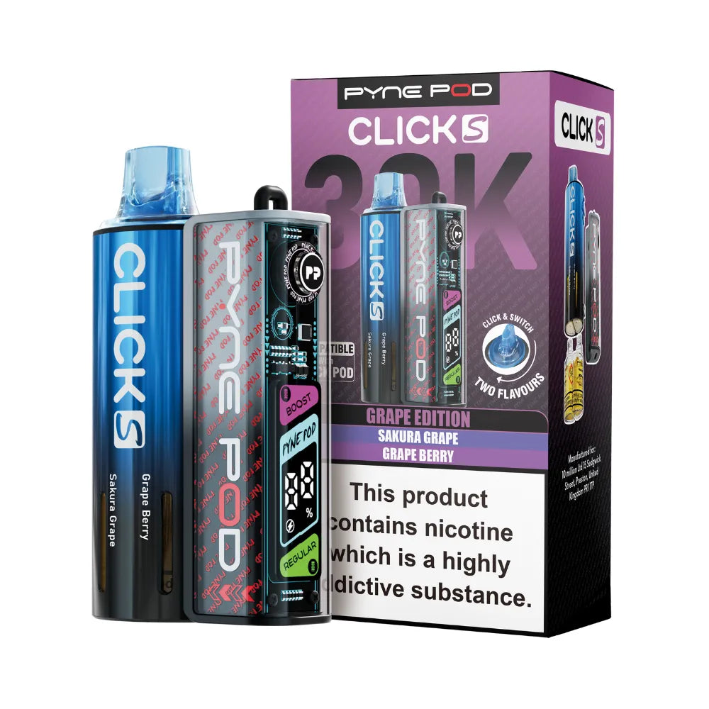 Pyne Pod Click S vape device in Grape edition with packaging on a white background