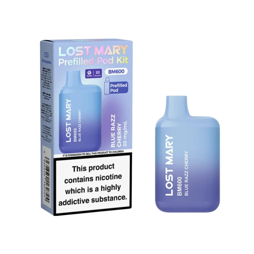 Lost Mary BM600 vape device in "Blue Razz Cherry" flavour with colourful packaging on a white background.