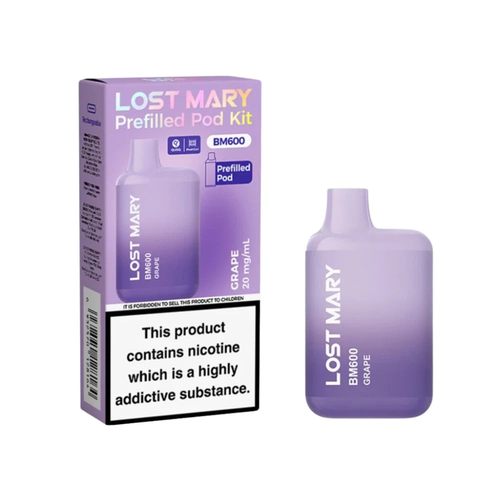 Lost Mary BM600 vape device in "Grape" flavour with colourful packaging on a white background.