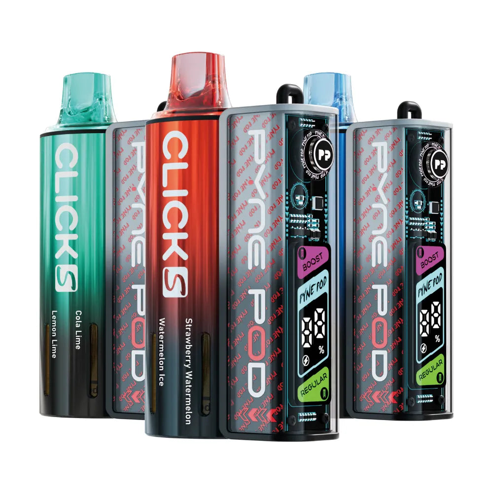 Three colourful Pyne pod click s vape devices on a white background