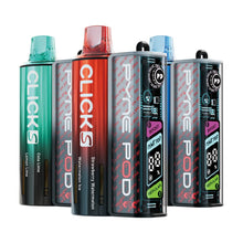 Three colourful Pyne pod click s vape devices on a white background