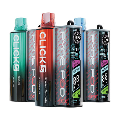 Three colourful Pyne pod click s vape devices on a white background