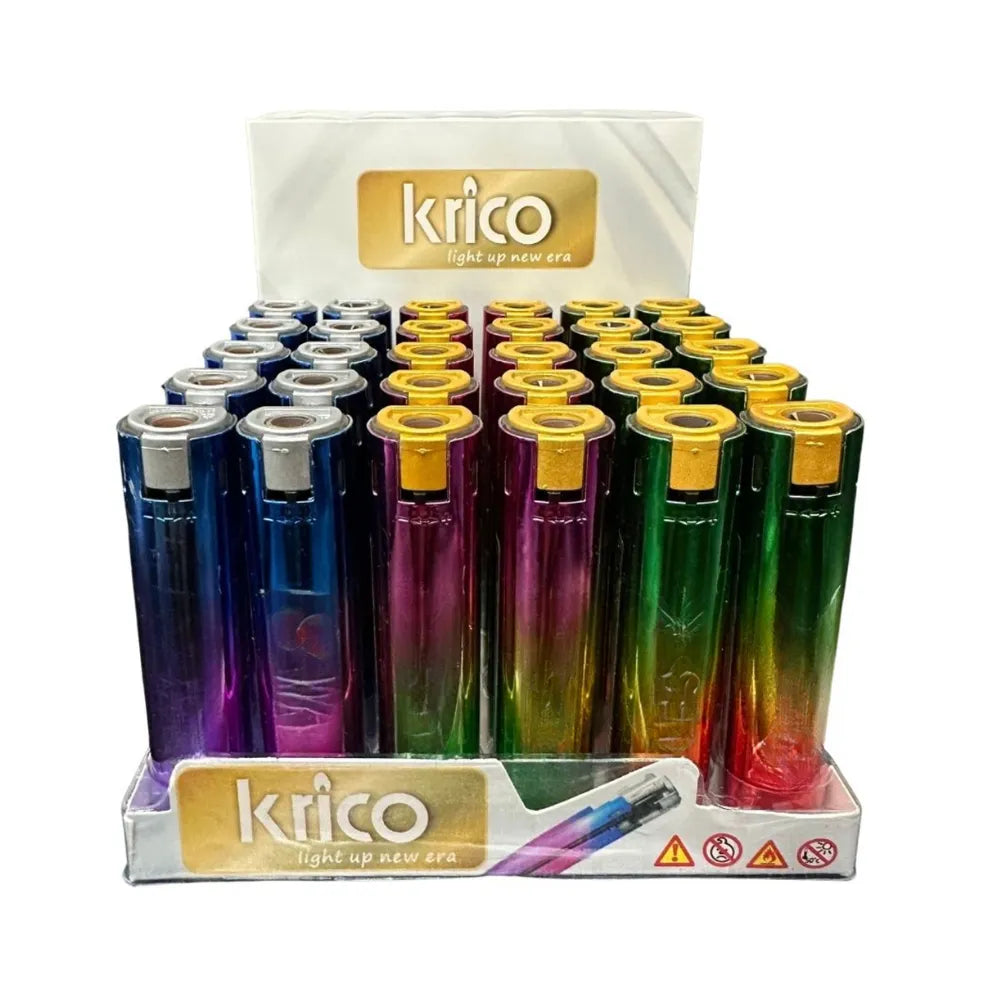 Display of 30 colourful jet lighters with Krico branding on a white background