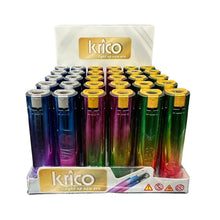 Display of 30 colourful jet lighters with Krico branding on a white background