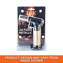 Packaged lighter with 'Lux' branding and 'Jet-Flame Metallic' text on a white background