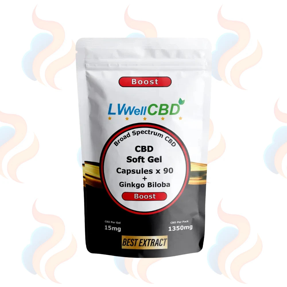 LVWellCBD CBD Boost Soft Gel Capsules packaging on a white background with decorative elements.