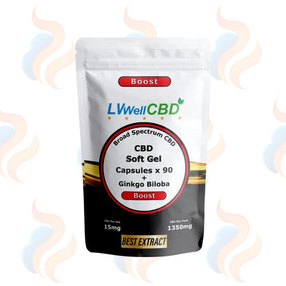 LVWellCBD CBD Boost Soft Gel Capsules packaging on a white background with decorative elements.