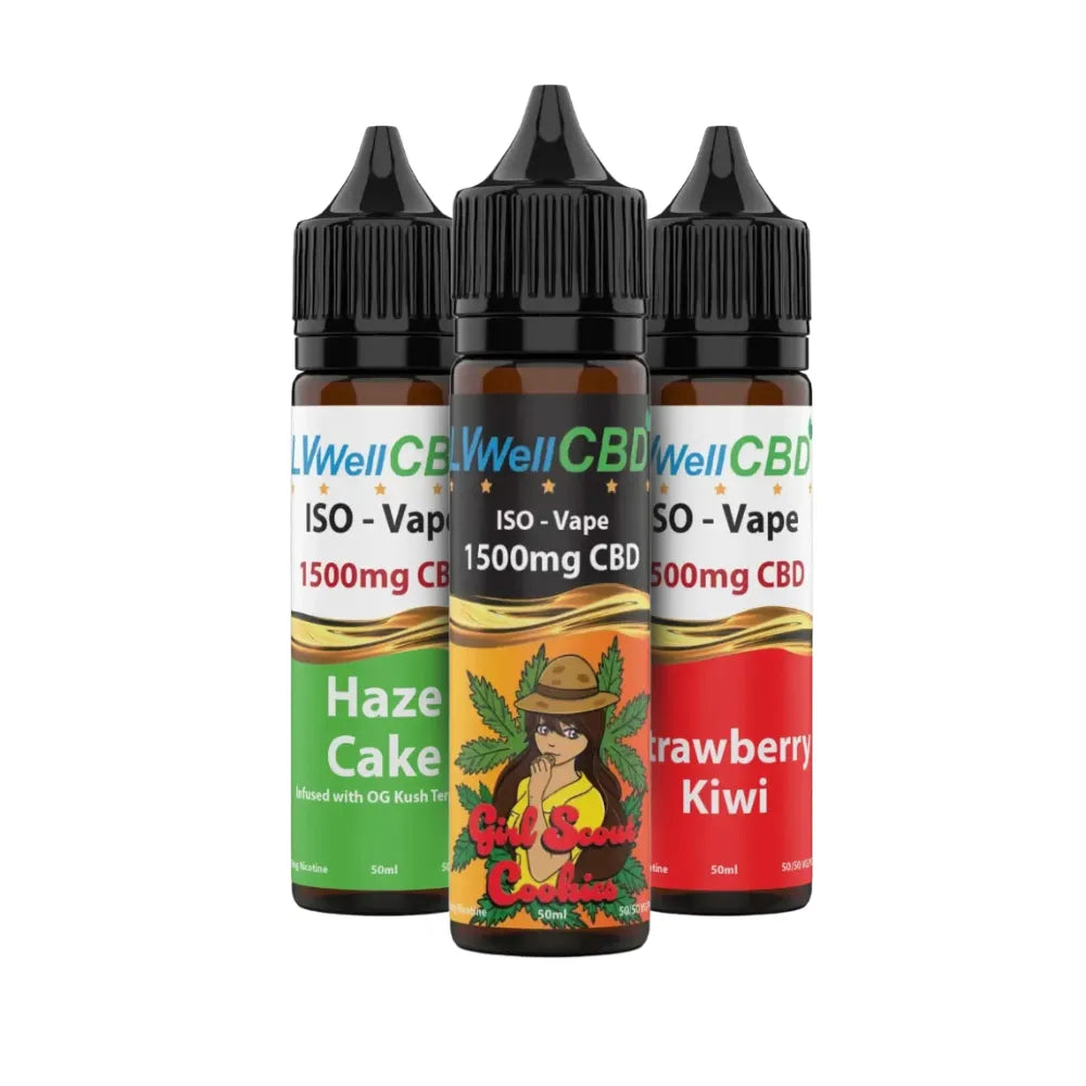 Three bottles of Well CBD vape juice with different flavors on a white background