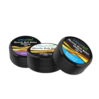 Three containers of LVWellCBD Muscle Rub Balm on a white background