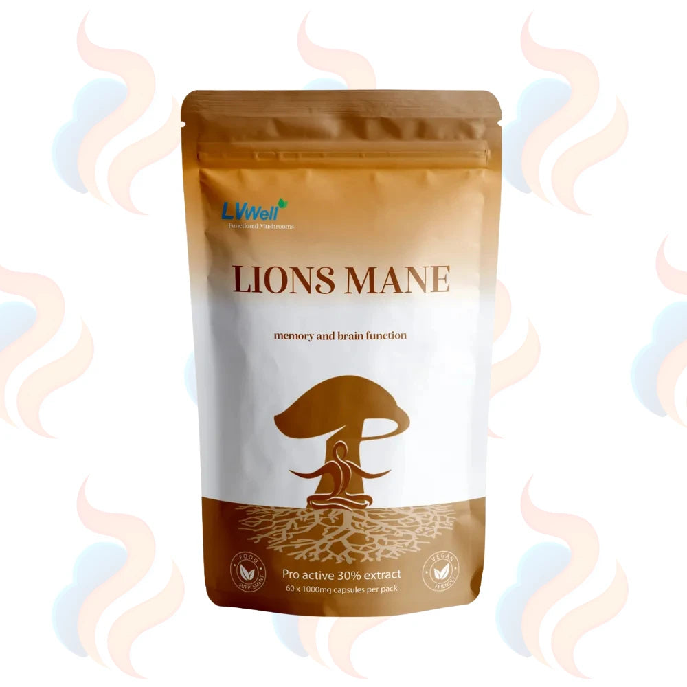 Package of Lions Mane mushroom powder with visible branding on a white background