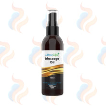 Bottle of LWellCBD Massage Oil on a white background with abstract designs.