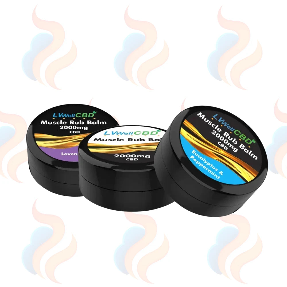 Three containers of L.Well CBD Muscle Rub Balm on a white background with decorative smoke effects.