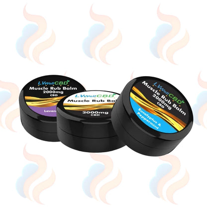 Three containers of L.Well CBD Muscle Rub Balm on a white background with decorative smoke effects.