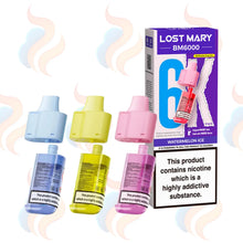 Three Lost Mary bm6000 refills on a white background with UK Vape Supply Logo