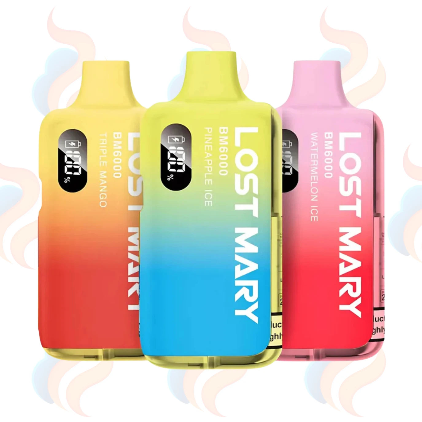 Three colourful vape devices with 'Lost Mary BM6000' branding on a UK Vape Supply logo background
