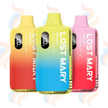 Three colourful vape devices with 'Lost Mary BM6000' branding on a UK Vape Supply logo background