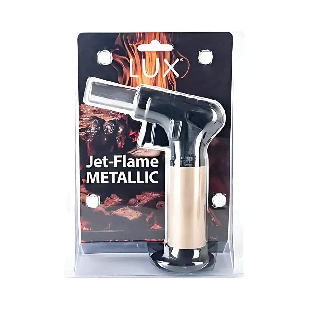 Packaged lighter with 'Lux' branding and 'Jet-Flame Metallic' text on a white background
