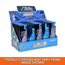 Display box of 25pcs Matteo electronic lighters with blue and black design on a white background.
