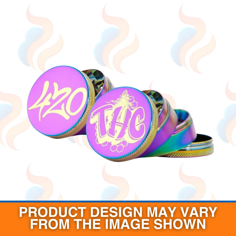 Two colourful Magic Leaf metal grinders with "420" and "THC" designs on a white background
