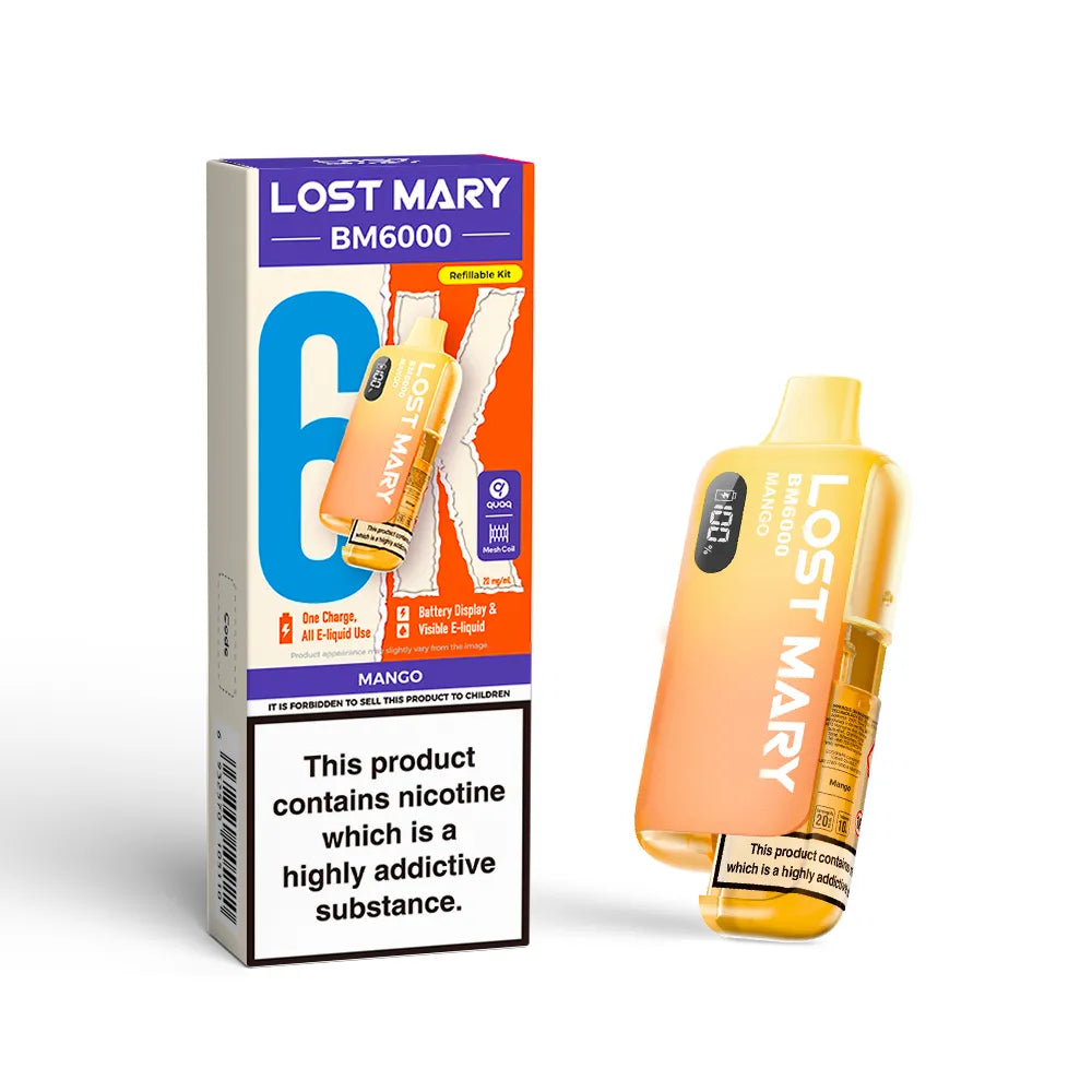Lost Mary BM6000 vape kit in "Mango" flavour with colourful packaging on a white background.