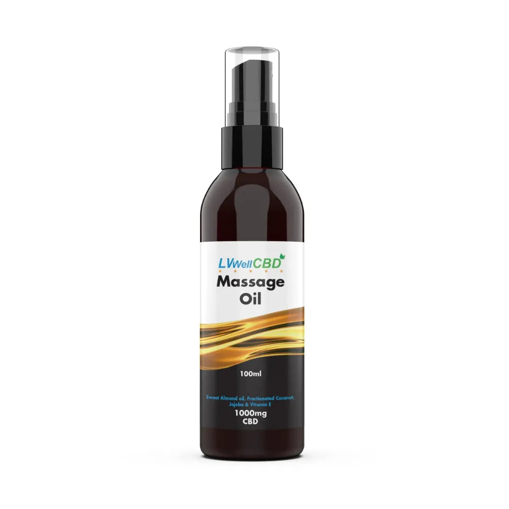 Bottle of CBD massage oil with a visible label on a white background