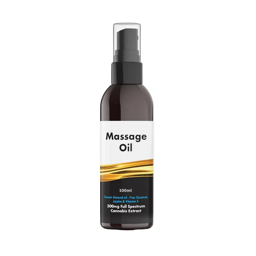 Bottle of CBD massage oil with a white label on a white background