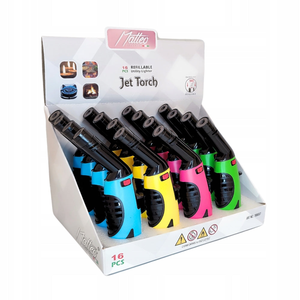 Display of colourful jet torch lighters with white packaging labelled 'Matteo'.