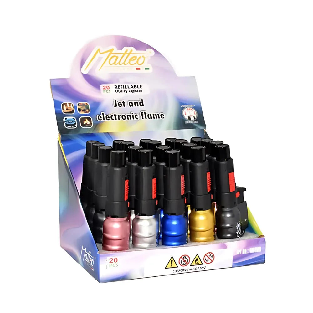 Display of colourful jet & electronic flame lighters with 'Matteo' branding on a white background